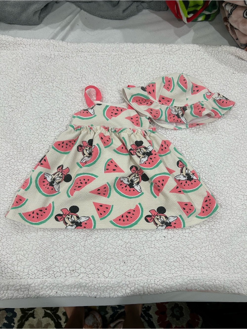 Disney Cream Sundress with Pink & Green Watermelon Print and Matching Hat